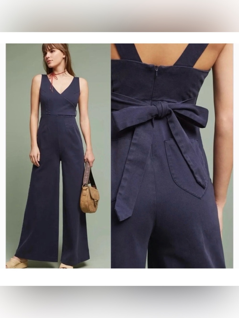 Anthropologie Chino Navy Blue Wide Leg Surplice V-Neck Tie Back Jumpsuit 10